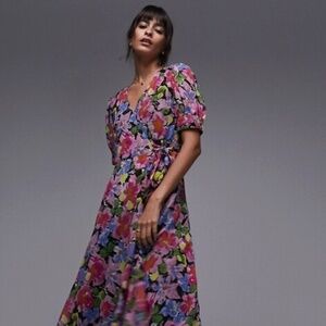 Topshop printed midi wrap occasion dress in bright floral